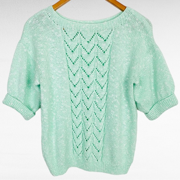 VINTAGE | Mint Green Hallow Out Knit Lace Chevron Cuffed Sleeve Pullover Sweater - Picture 6 of 8